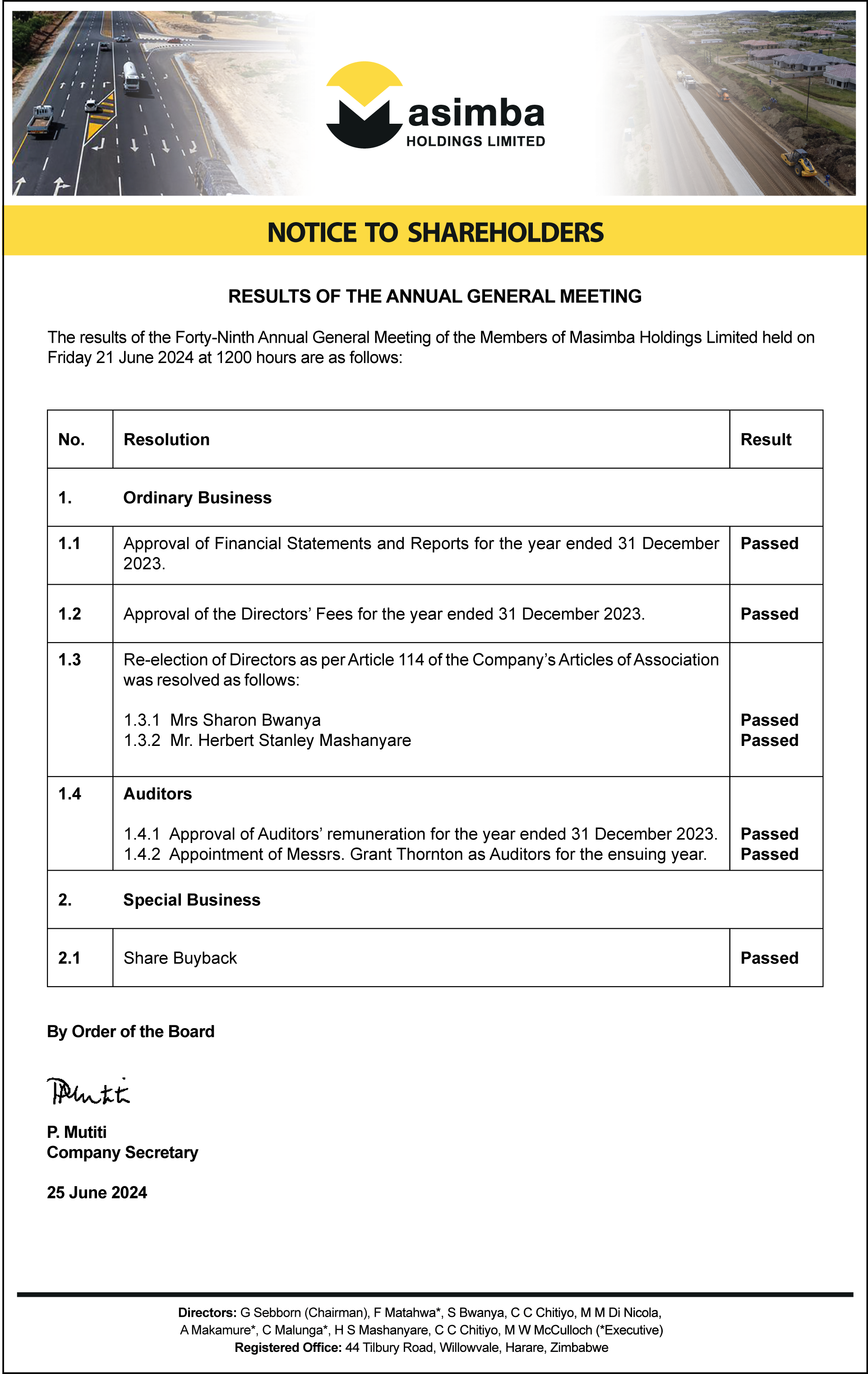 AGM Results Notice